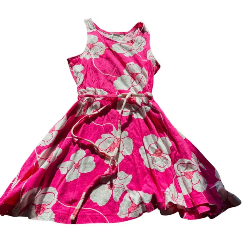 Old Navy girl's pink Hawaiian floral belted 100% Cotton sundress sz XS 5
